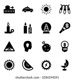 Solid vector icon set - baggage vector, safety car, sun, garland, candle, snowball tree, money torch, drawbridge road sign, head bulb, moon flag, business idea, watermelone, power, lamp