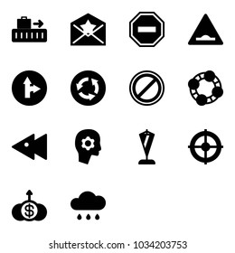 Solid vector icon set - baggage vector, star letter, no way road sign, artificial unevenness, only forward right, circle, parking, friends, fast backward, brain work, pennant, target, dollar growth