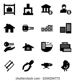 Solid vector icon set - baggage room vector, fireplace, account, home, key, brick wall, building, hand, hotel, sea, bucksaw, side cutters, pipe welding, chicken toy