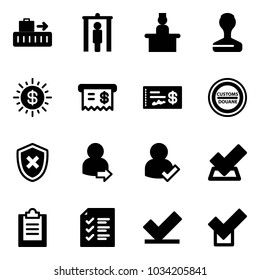 Solid vector icon set - baggage vector, metal detector gate, recieptionist, stamp, dollar sun, receipt, check, customs road sign, shield cross, user login, clipboard, list