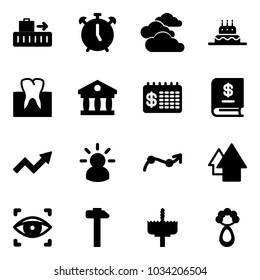 Solid vector icon set - baggage vector, alarm clock, clouds, cake, tooth, bank, finance calendar, annual report, growth arrow, idea, chart point, up, eye scanner, hammer, crown drill, beanbag