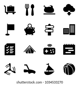 Solid vector icon set - baggage vector, spoon and fork, turkey, download cloud, flag, piggy bank, signpost, building, list, tent, joystick wireless, terms plan, wind mill, lawn mower, sailboat toy