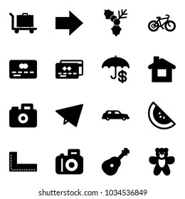 Solid vector icon set - baggage vector, right arrow, holly, bike, credit card, insurance, home, camera, paper fly, limousine, watermelone, corner ruler, guitar, bear toy