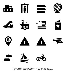 Solid vector icon set - baggage vector, metal detector gate, sign post, globe, trap truck, airport building, star postcard, dollar pin, intersection road, helicopter, inflatable pool, sail boat
