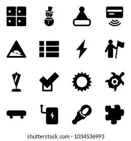 Solid vector icon set - baggage room vector, snowman, christmas hat, tap pay, steep descent road sign, menu, lightning, win, pennant, check, sun, sea turtle, skateboard, power bank, beanbag, puzzle