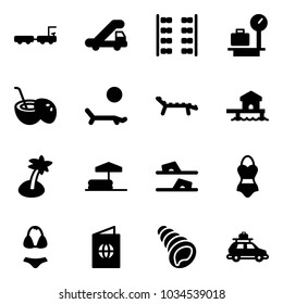 Solid vector icon set - baggage truck vector, trap, plane seats, scales, coconut cocktail, lounger, bungalow, palm, inflatable pool, flip flops, swimsuit, passport, shell, car