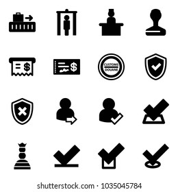 Solid vector icon set - baggage vector, metal detector gate, recieptionist, stamp, receipt, check, customs road sign, shield, cross, user login, chess queen