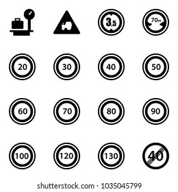 Solid vector icon set - baggage scales vector, tractor way road sign, limited height, distance, speed limit 20, 30, 40, 50, 60, 70, 80, 90, 100, 120, 130, end