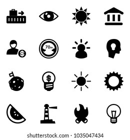 Solid vector icon set - baggage vector, eye, sun, bank, account, limited distance road sign, idea, head bulb, moon flag, business, watermelone, lighthouse, fire