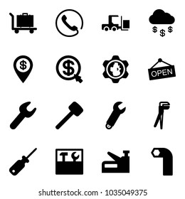 Solid vector icon set - baggage vector, phone, fork loader, money rain, dollar pin, click, gear globe, open, wrench, rubber hammer, plumber, screwdriver, tool box, stapler, allen key