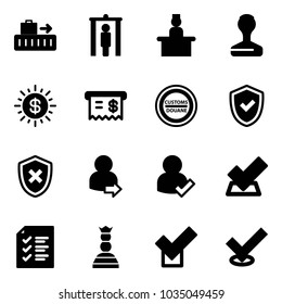 Solid vector icon set - baggage vector, metal detector gate, recieptionist, stamp, dollar sun, receipt, customs road sign, shield check, cross, user login, list, chess queen