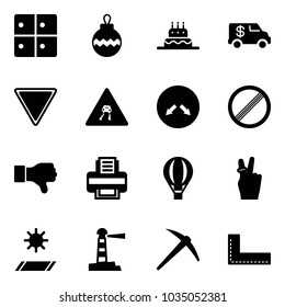 Solid vector icon set - baggage room vector, christmas ball, cake, encashment car, giving way road sign, slippery, detour, no limit, dislike, printer, air balloon, victory, mat, lighthouse, axe