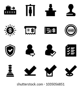 Solid vector icon set - baggage vector, metal detector gate, recieptionist, stamp, dollar sun, receipt, check, customs road sign, shield, user login, list, chess queen
