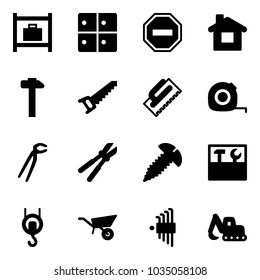 Solid vector icon set - baggage room vector, no way road sign, home, hammer, saw, trowel, measuring tape, plumber, bolt cutter, screw, tool box, winch, wheelbarrow, allen key set, excavator toy