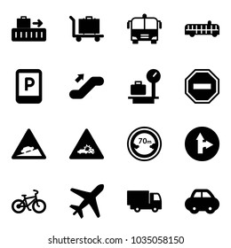Solid vector icon set - baggage vector, airport bus, parking sign, escalator up, scales, no way road, climb, car crash, limited distance, only forward right, bike, plane, truck toy