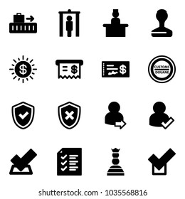 Solid vector icon set - baggage vector, metal detector gate, recieptionist, stamp, dollar sun, receipt, check, customs road sign, shield, cross, user login, list, chess queen
