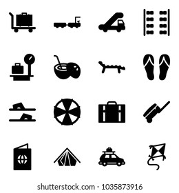 Solid vector icon set - baggage vector, truck, trap, plane seats, scales, coconut cocktail, lounger, flip flops, parasol, suitcase, passport, tent, car, kite
