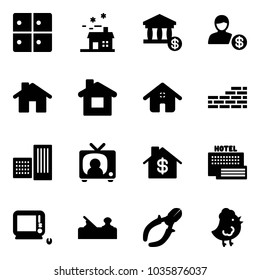 Solid vector icon set - baggage room vector, house, account, home, brick wall, building, tv news, dollar, sea hotel, monoblock pc, jointer, side cutters, chicken toy