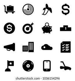 Solid vector icon set - baggage vector, radar, banana, dollar sign, coin, target, piggy bank, pedestal, speaker horn, building, cloud, list, flag, cd, mobile phone, lawn mower