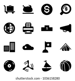 Solid vector icon set - baggage vector, turkey, dollar coin, money search, globe, printer, pedestal, speaker horn, building, cloud, flag, tent, cd, wind mill, sailboat toy, basketball