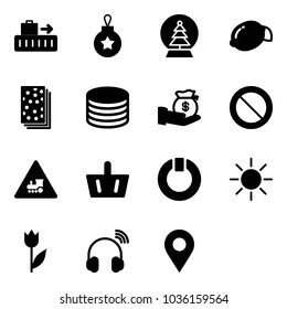 Solid vector icon set - baggage vector, christmas ball, snowball tree, lemon, breads, coin, investment, prohibition road sign, railway intersection, basket, standby, sun, tulip, wireless headphones