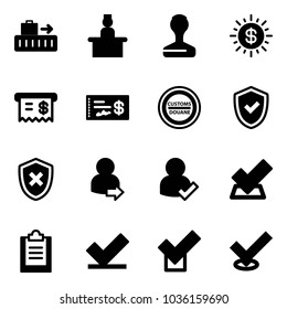 Solid vector icon set - baggage vector, recieptionist, stamp, dollar sun, receipt, check, customs road sign, shield, cross, user login, clipboard