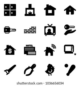 Solid vector icon set - baggage room vector, fireplace, home, key, brick wall, tv news, hand, dollar, sea hotel, wireless, monoblock pc, saw, side cutters, chicken toy, baseball bat