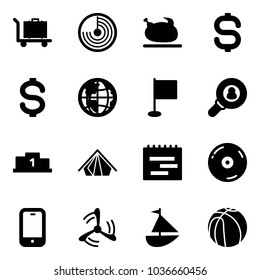 Solid vector icon set - baggage vector, radar, turkey, dollar sign, globe, flag, head hunter, pedestal, tent, terms plan, cd, mobile phone, wind mill, sailboat toy, basketball