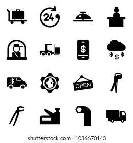 Solid vector icon set - baggage vector, 24 hours, client bell, recieptionist, officer window, fork loader, mobile payment, money rain, encashment car, gear globe, open, plumber, stapler, allen key