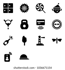 Solid vector icon set - baggage room vector, firework, lollipop, christmas elf, bladder, weight, tap pay, no overtake road sign, fizz opening, ice cream, lighthouse, dragonfly, identity card