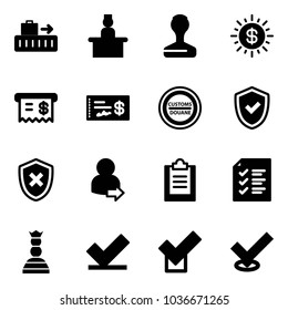 Solid vector icon set - baggage vector, recieptionist, stamp, dollar sun, receipt, check, customs road sign, shield, cross, user login, clipboard, list, chess queen