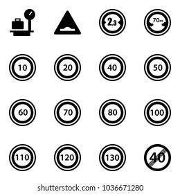 Solid vector icon set - baggage scales vector, artificial unevenness road sign, limited width, distance, speed limit 10, 20, 40, 50, 60, 70, 80, 100, 110, 120, 130, end