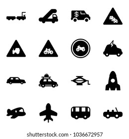 Solid vector icon set - baggage truck vector, trap, encashment car, multi lane traffic road sign, tractor way, for moto, no, electric, limousine, jack, rocket, plane toy, bus