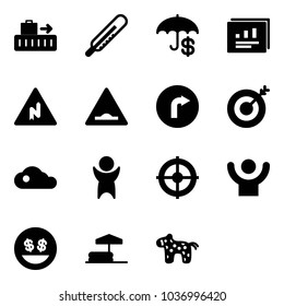 Solid vector icon set - baggage vector, thermometer, insurance, statistics report, abrupt turn right road sign, artificial unevenness, only, target, cloud, success, money smile, inflatable pool