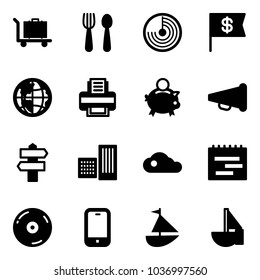 Solid vector icon set - baggage vector, spoon and fork, radar, dollar flag, globe, printer, piggy bank, speaker horn, signpost, building, cloud, terms plan, cd, mobile phone, sailboat toy