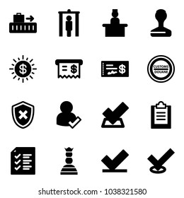 Solid vector icon set - baggage vector, metal detector gate, recieptionist, stamp, dollar sun, receipt, check, customs road sign, shield cross, user, clipboard, list, chess queen
