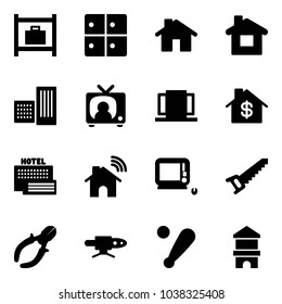 Solid vector icon set - baggage room vector, home, building, tv news, doors, dollar, sea hotel, wireless, monoblock pc, saw, side cutters, pipe welding, baseball bat, toy block house