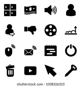 Solid vector icon set - baggage room vector, cash, volume max, user, login, dislike, film coil, growth, mouse wireless, mail, terms plan, standby button, trash bin, playback, cursor, screw