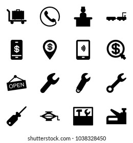Solid vector icon set - baggage vector, phone, recieptionist, truck, mobile payment, dollar pin, money click, open, wrench, screwdriver, jack, tool box, stapler
