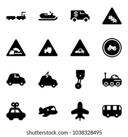 Solid vector icon set - baggage truck vector, snowmobile, encashment car, multi lane traffic road sign, embankment, tractor way, crash, no moto, electric, piston, moon rover, toy, plane, bus