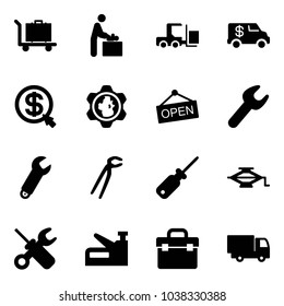 Solid vector icon set - baggage vector, baby room, fork loader, encashment car, money click, gear globe, open, wrench, plumber, screwdriver, jack, stapler, tool box, truck toy