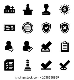 Solid vector icon set - baggage vector, recieptionist, stamp, dollar sun, check, customs road sign, shield, cross, user login, clipboard, list, chess queen