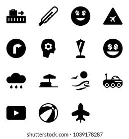 Solid vector icon set - baggage vector, thermometer, dollar smile, airport road sign, only right, brain work, pennant, money, rain cloud, inflatable pool, waves, moon rover, playback, beach ball