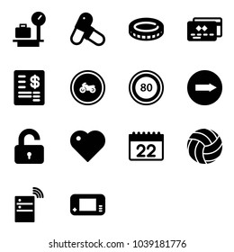 Solid vector icon set - baggage scales vector, pills, coin, credit card, account statement, no moto road sign, speed limit 80, only right, unlocked, heart, calendar, volleyball, server wireless