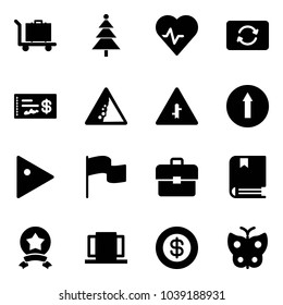 Solid vector icon set - baggage vector, christmas tree, heart pulse, card exchange, check, landslide road sign, intersection, only forward, play, flag, portfolio, book, star medal, doors, dollar