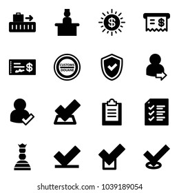 Solid vector icon set - baggage vector, recieptionist, dollar sun, receipt, check, customs road sign, shield, user login, clipboard, list, chess queen