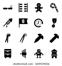 Solid vector icon set - baggage truck vector, plane seats, cake man, lollipop, firework rocket, dollar flag, clock around, piston, plumber, screw, tool cabinet, allen key set, robot, toy block house