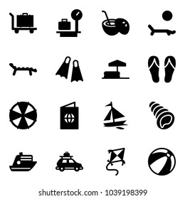 Solid vector icon set - baggage vector, scales, coconut cocktail, lounger, flippers, inflatable pool, flip flops, parasol, passport, sail boat, shell, cruiser, car, kite, beach ball