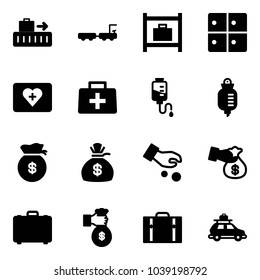 Solid vector icon set - baggage vector, truck, room, first aid kit, doctor bag, drop counter, money, investment, encashment, case, rich, suitcase, car