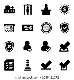 Solid vector icon set - baggage vector, metal detector gate, recieptionist, dollar sun, receipt, check, customs road sign, shield, cross, user login, list, chess queen